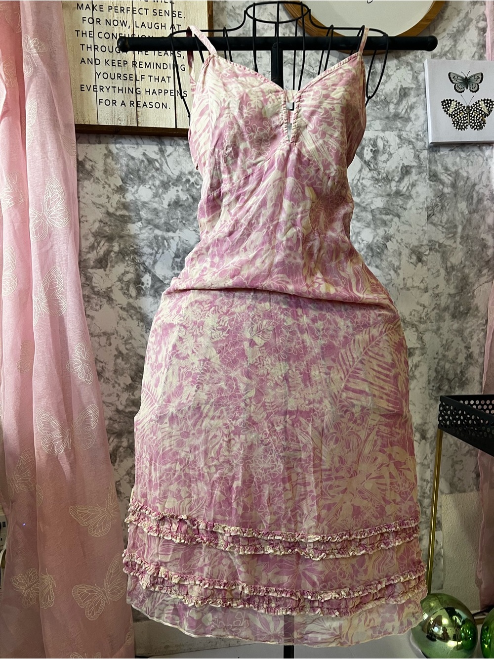 Da-Nang Silk Tropical Dress Y2K Pink Ruffle - Picture 2 of 12